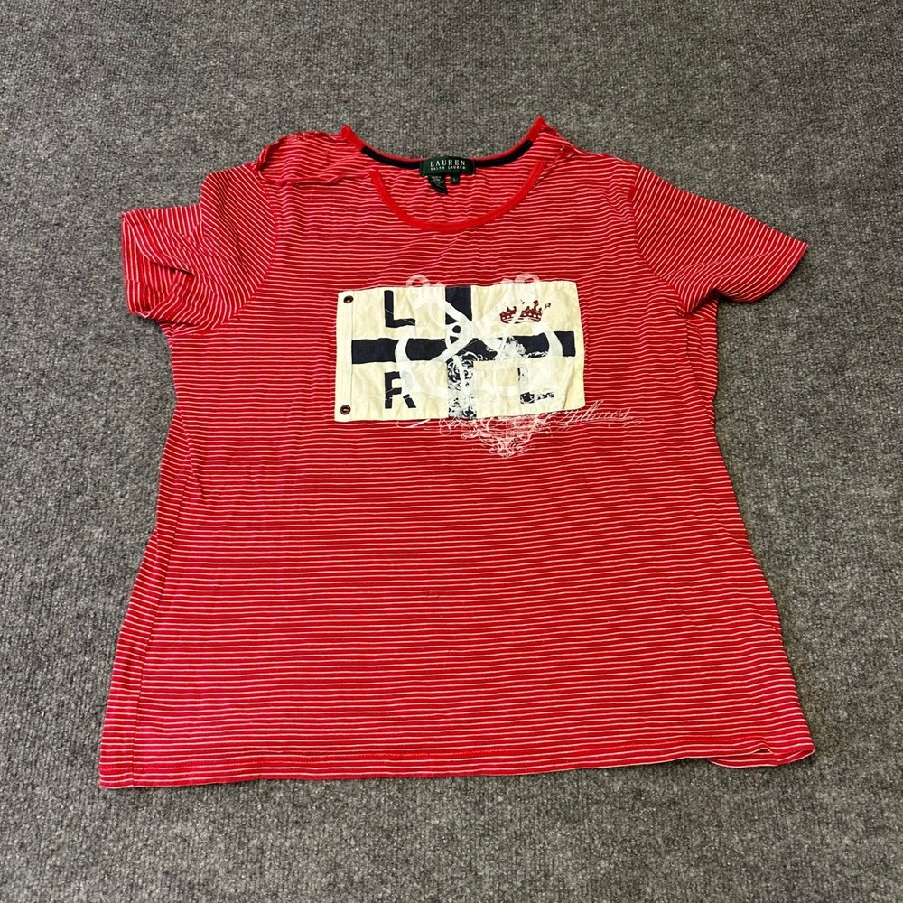 Lauren Ralph Lauren T-Shirt Womens Size L Red Striped Nautical Graphic Rips